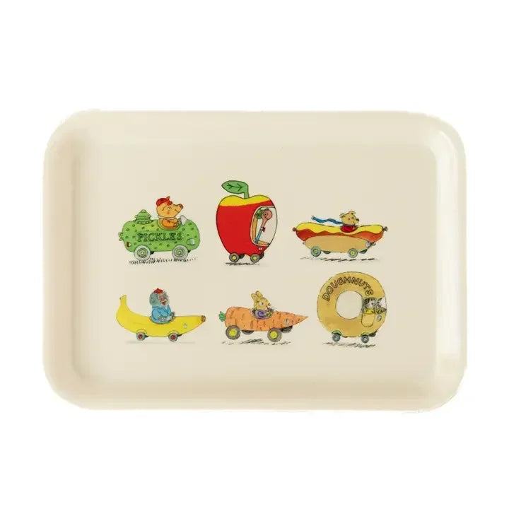Vintage tray featuring Richard Scarry Busy Town cartoon vehicles shaped like foods.