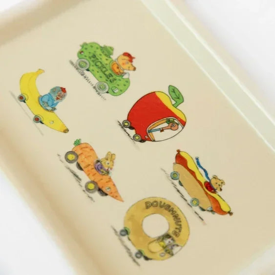 Vintage tray with whimsical animal characters driving fruit and food-shaped cars.