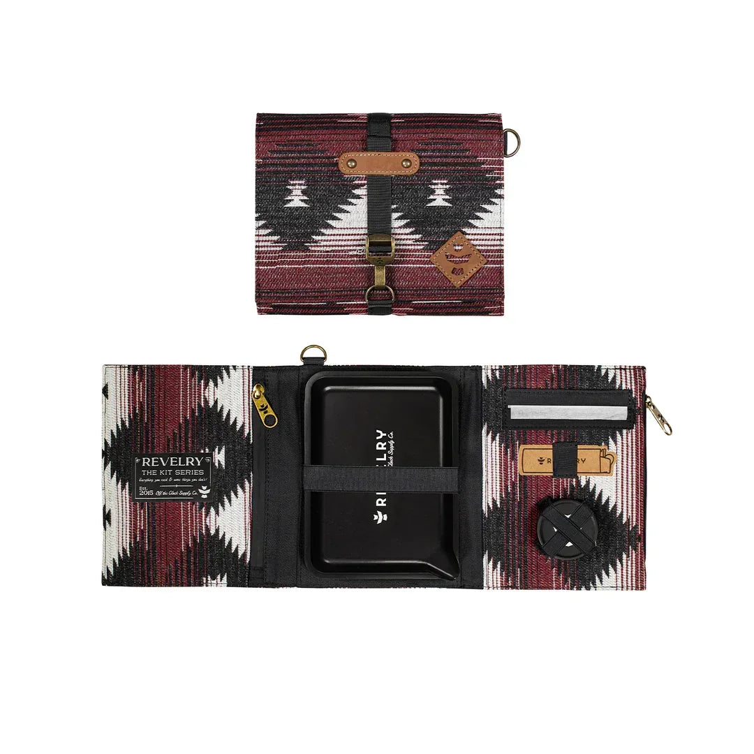 Maroon patterned rolling kit pouch, open and closed, featuring storage and organization slots.