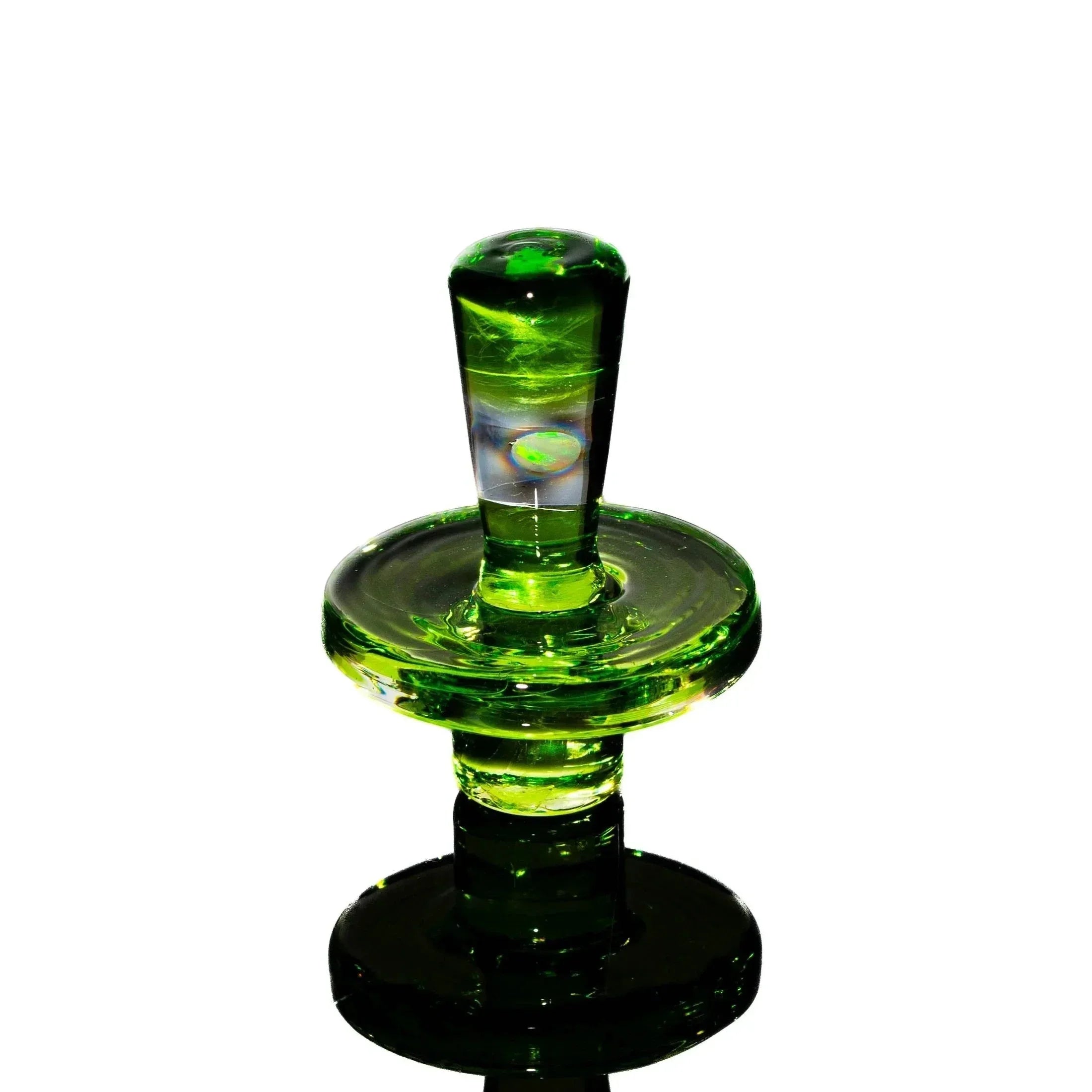 Lime green glass carb cap with opal accent on white background