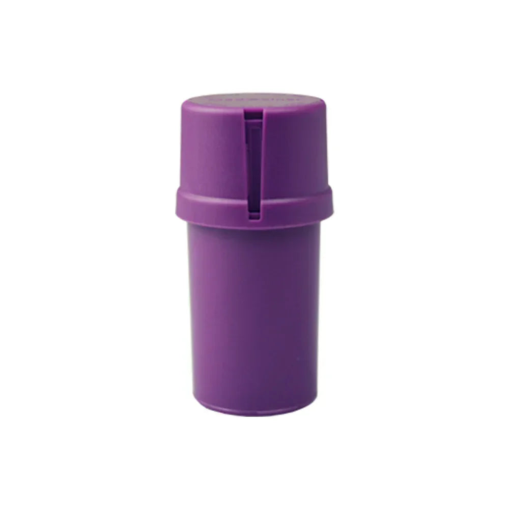 Purple child resistant pop top storage container on white background