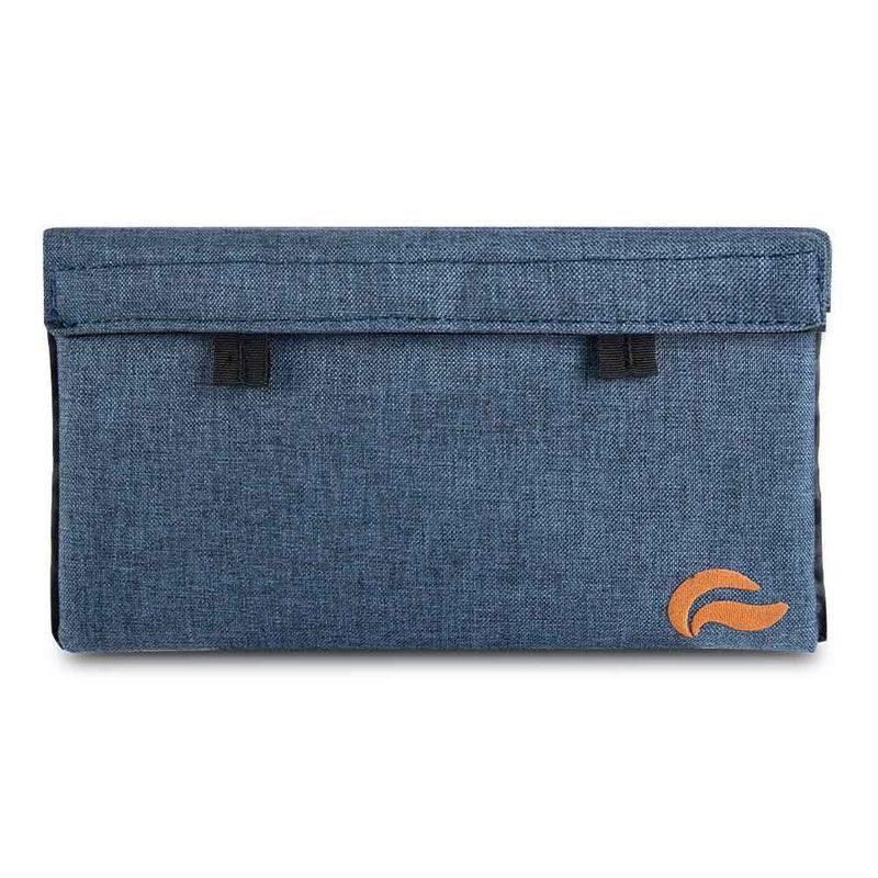 Navy blue smell-proof pouch with black straps and orange logo on bottom right corner