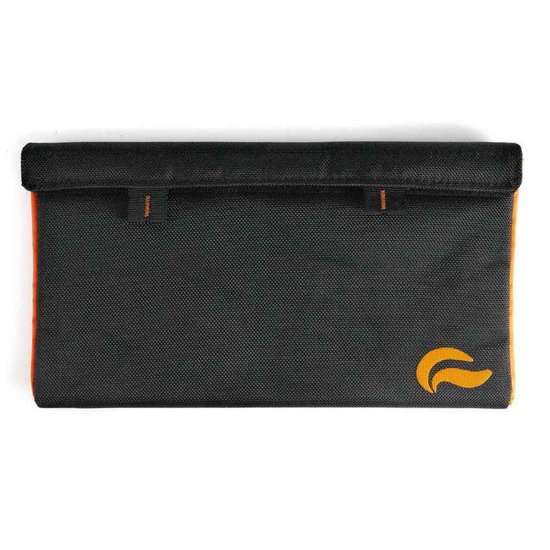 Black smell-proof pouch with orange trim and logo, secure closure, accessory storage bag