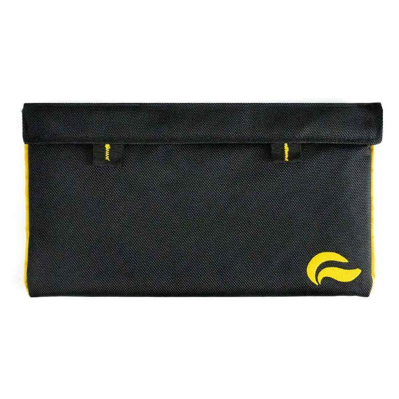 Black smell-proof pouch with yellow accents and secure flap closure