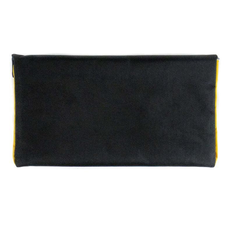 Rectangular black and yellow padded carrying case on white background