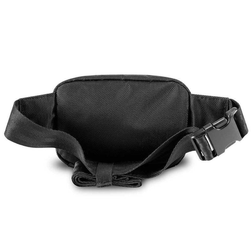 Black hipster waist bag with adjustable strap and buckle, rear view