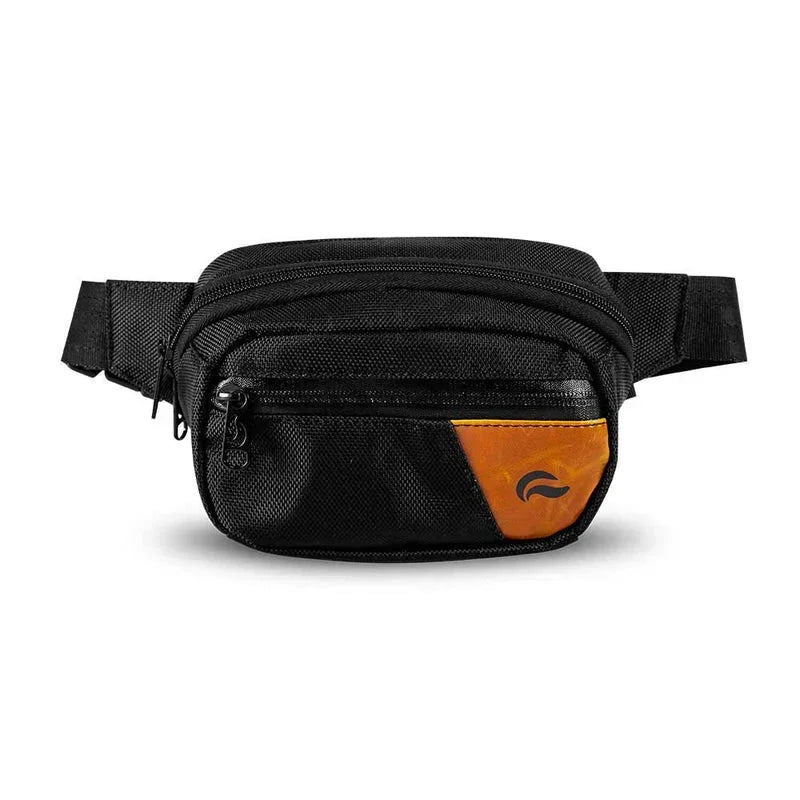 Black hipster fanny pack with orange accent and front zipper pocket, isolated on white background