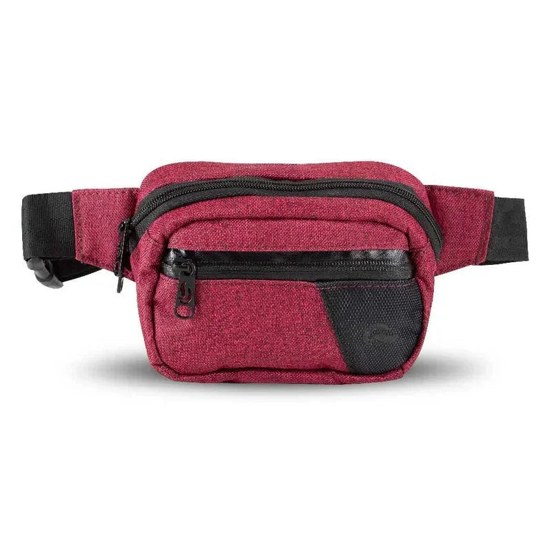 Burgundy hipster waist bag with black zippers and adjustable strap, front view