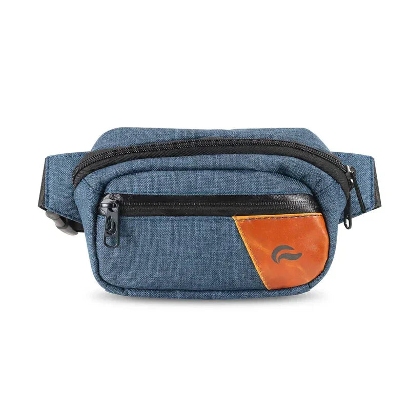 Blue denim hipster waist bag with front zipper pocket and brown leather accent