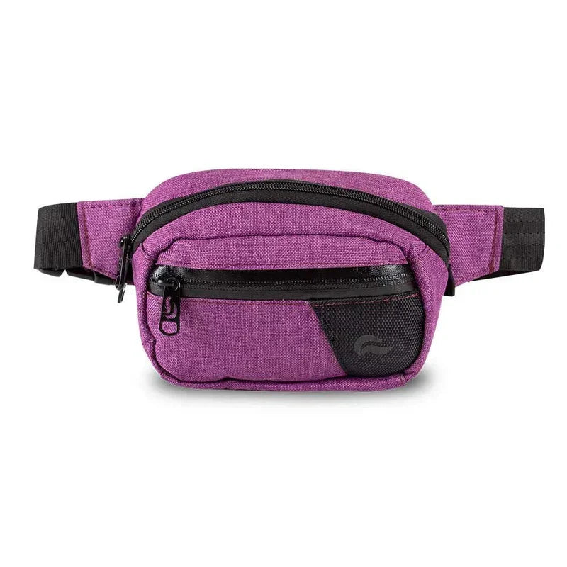 Lavender hipster fanny pack with black zippers and adjustable strap, front view.