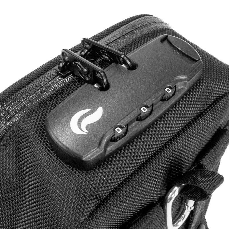 Black smell-proof bag with combination lock and zipper closure, close-up view