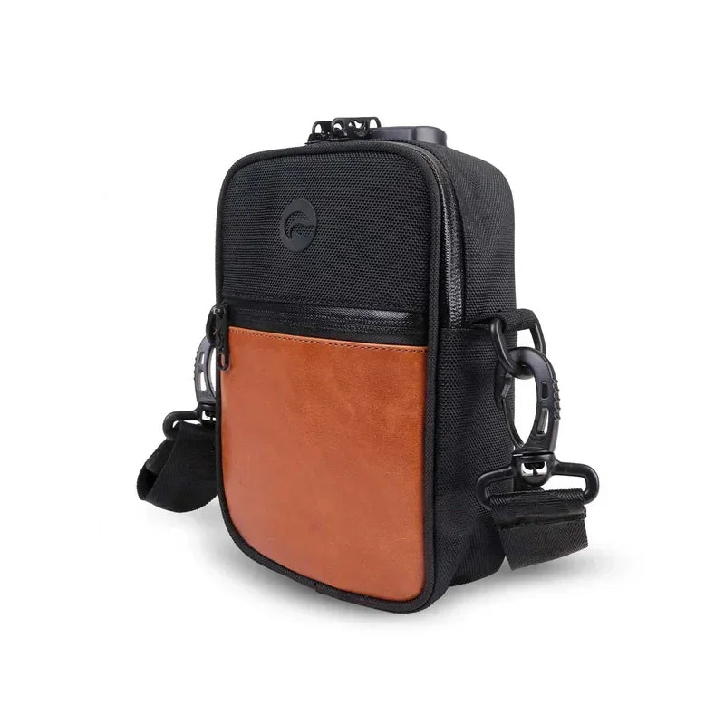 Black and orange crossbody smell-proof pouch with adjustable strap and front pocket
