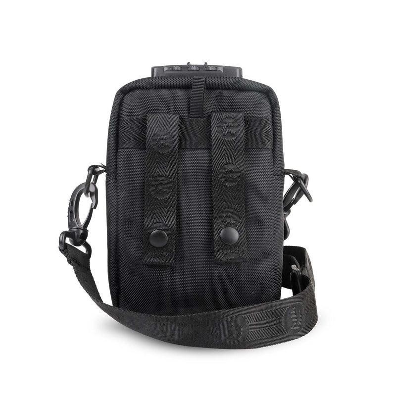 Black smell proof pouch with adjustable strap, back view, sturdy clips and snap-button loops