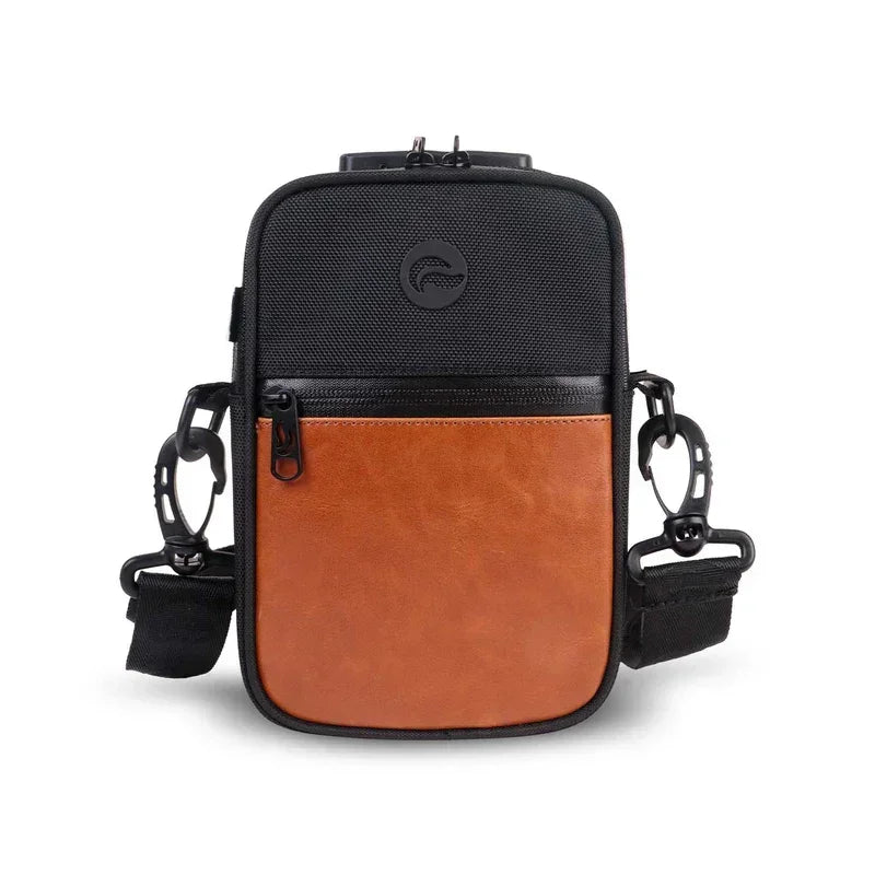 Black and orange compact crossbody bag with zipper pocket and adjustable shoulder strap