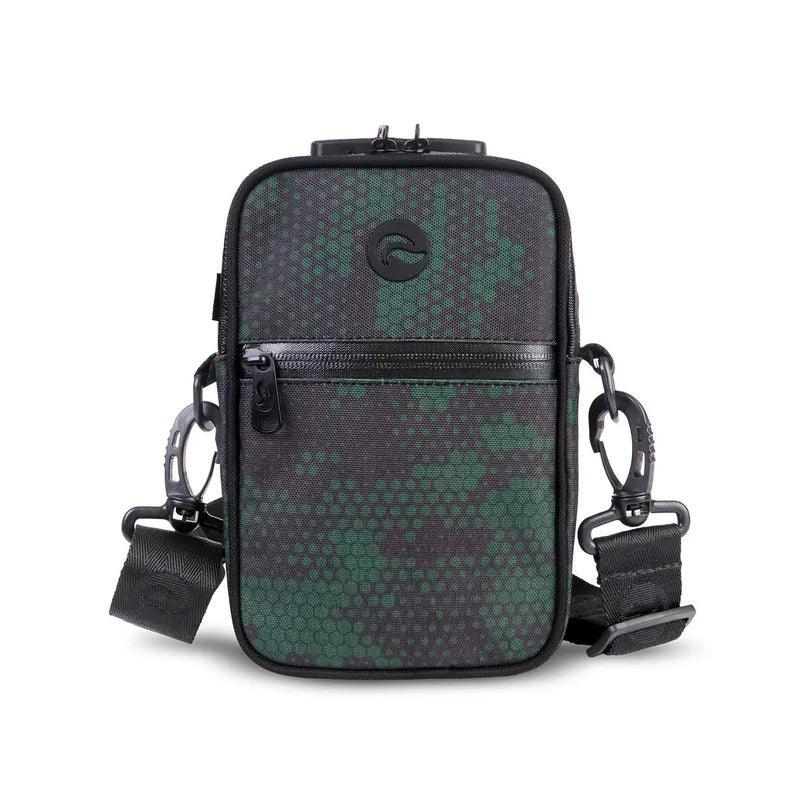 Hunter green smell-proof crossbody bag with hexagon camo pattern and front zipper pocket