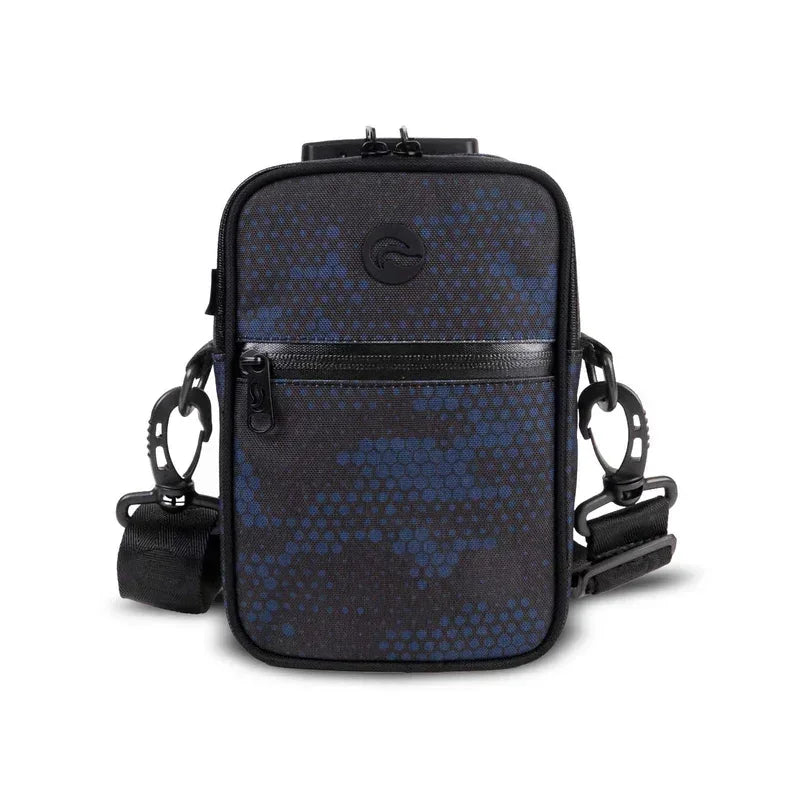 Black and blue hex pattern crossbody bag with front zipper pocket and adjustable strap