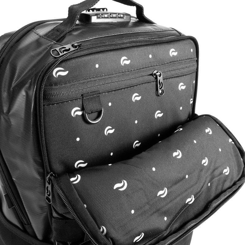 Black smell-proof backpack with lock, zipper pockets, and white pattern design