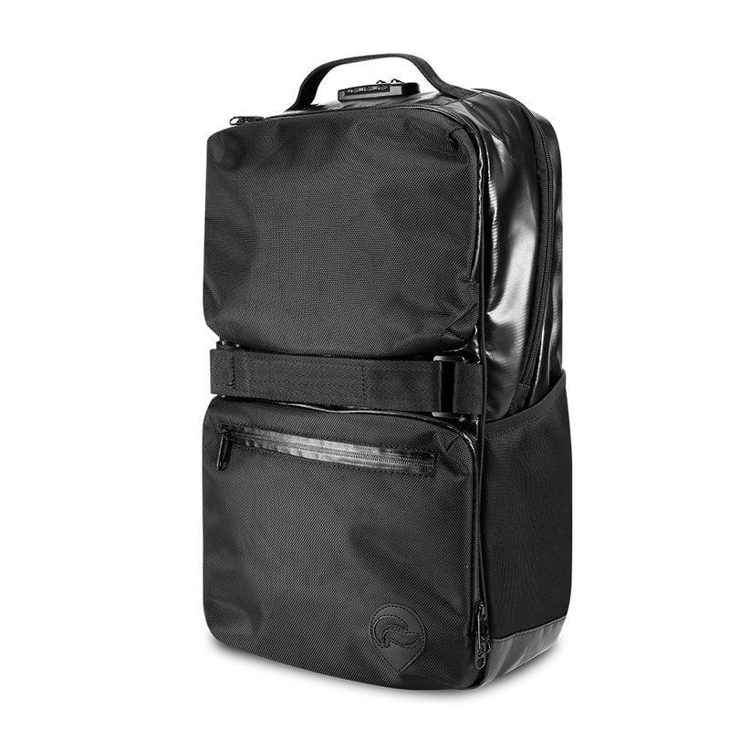 Sleek black backpack with multiple zippered compartments and side pocket, angled view
