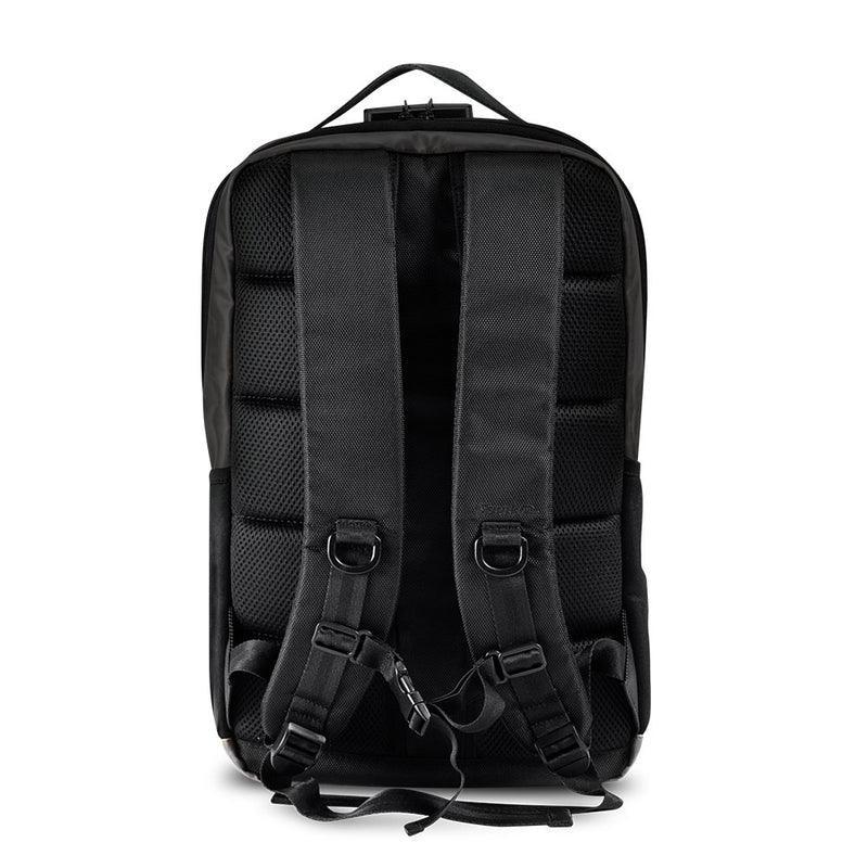 Back view of a black padded backpack with adjustable straps and D-rings