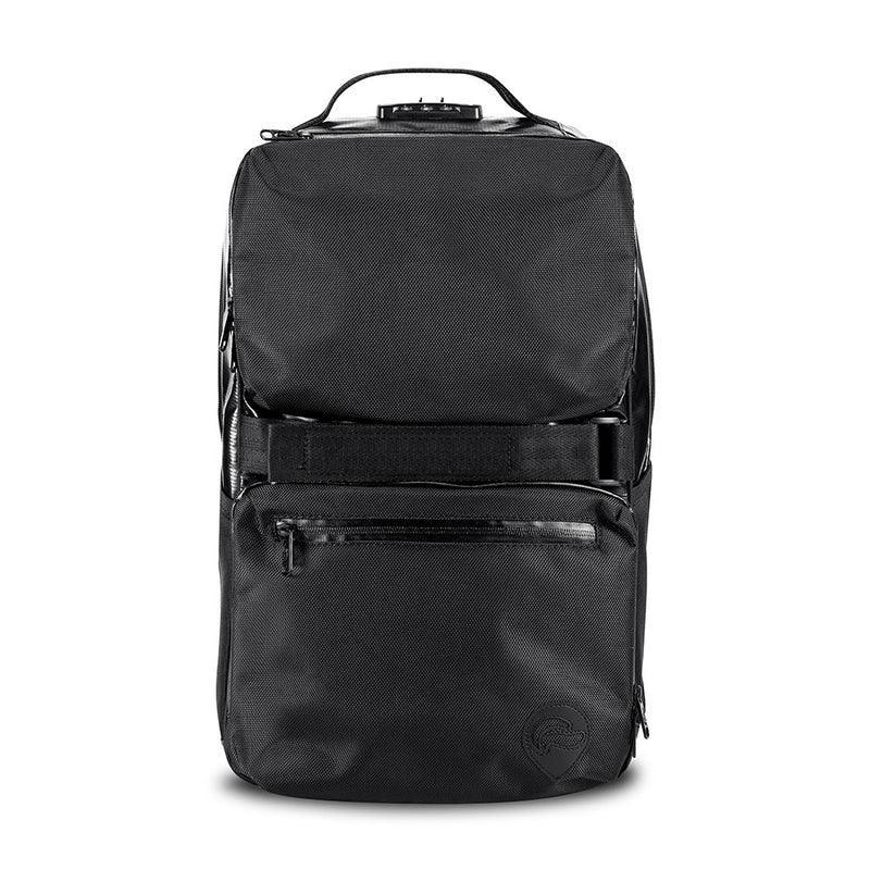 Black smell-proof backpack with zipper pocket and top handle, front view