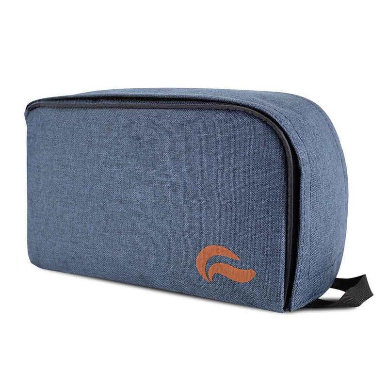 Navy blue travel pouch with zipper and brown logo, compact accessory storage bag