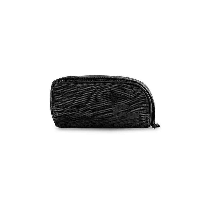 Black travel pouch with textured fabric and zipper, ideal for glass accessories storage.