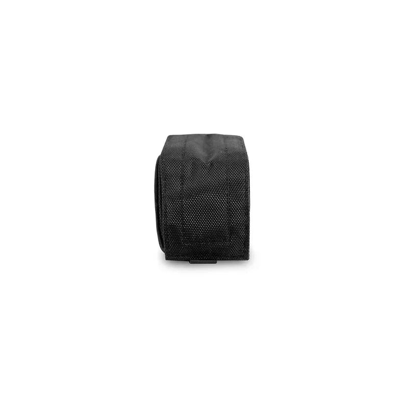 Black travel pouch side view, durable textured fabric, portable accessory case