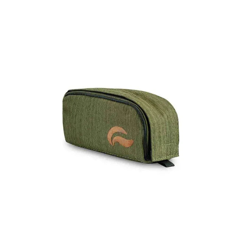 Olive green travel pouch with zipper and tan logo, angled on white background