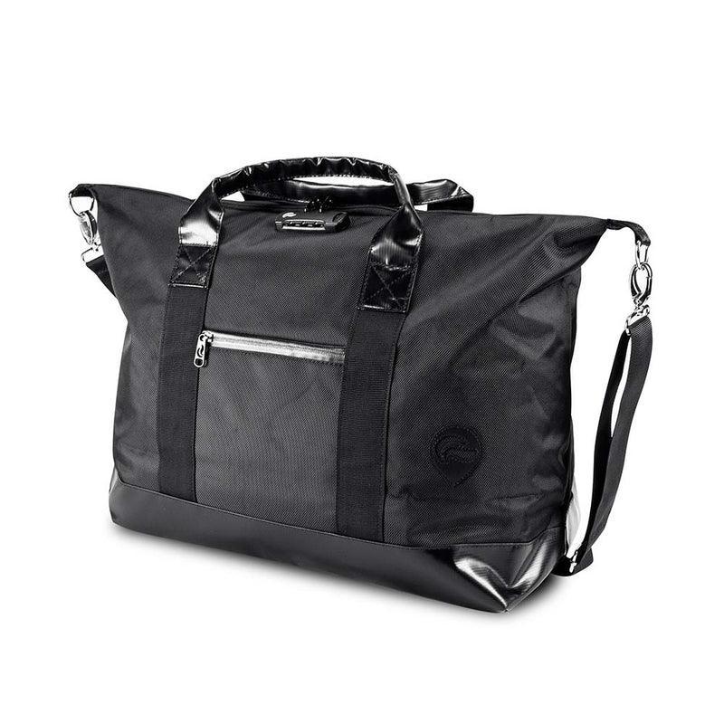 Black weekender travel bag with handles, shoulder strap, and front zip pocket