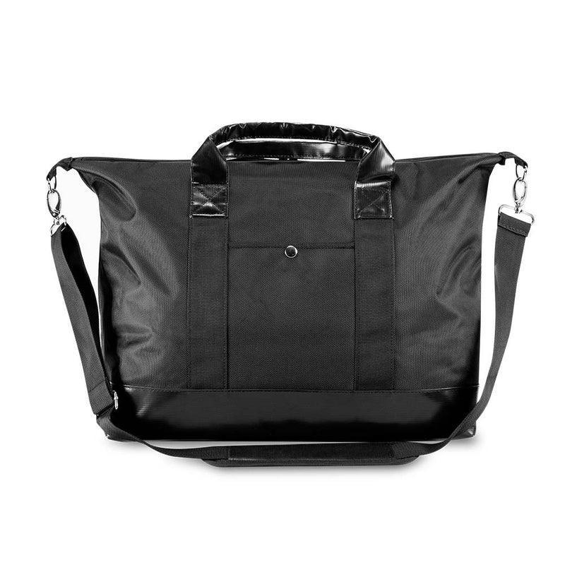 Black weekender duffel bag with adjustable shoulder strap and front pocket, rear view
