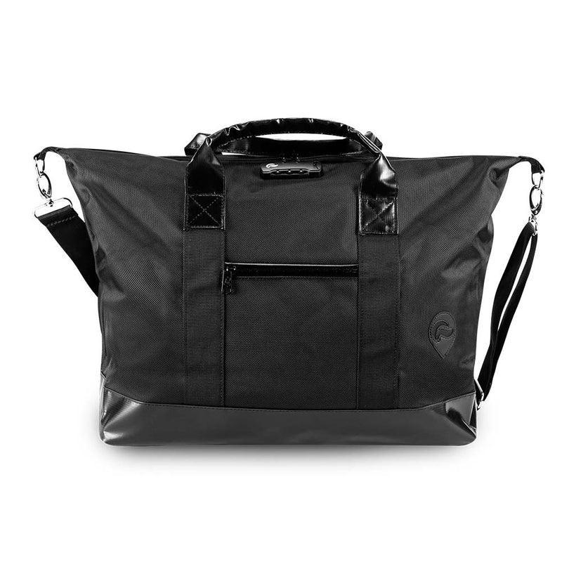 Black weekender duffle bag with shoulder strap, front zipper pocket, and reinforced handles