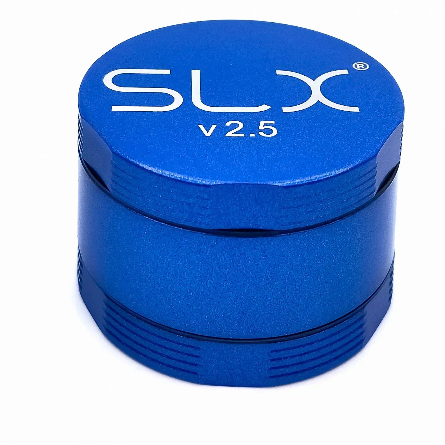 Blue SLX v2.5 herb grinder with textured grip, isolated on white background