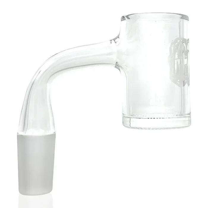 Clear quartz glass banger for dab rig, curved neck, frosted joint, white background
