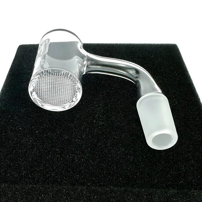Clear glass quartz banger with honeycomb bottom for dab rigs on black background