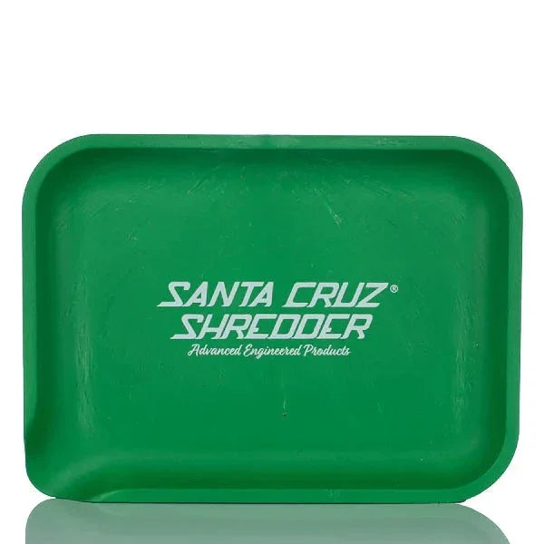 Green Santa Cruz Shredder rolling tray with white logo, rectangular and plastic.