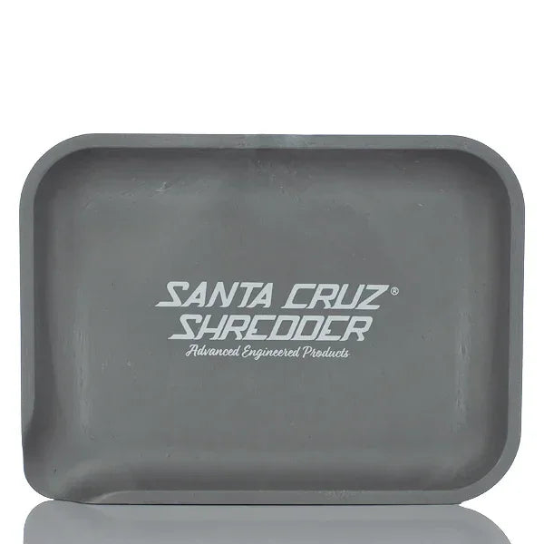 Grey Santa Cruz Shredder rolling tray with white logo, rectangular smoking accessory