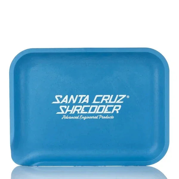 Blue hemp rolling tray with white Santa Cruz Shredder logo, rectangular shape