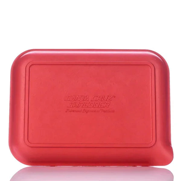 Red rectangular hemp rolling tray with embossed logo, ideal for smoking accessories.