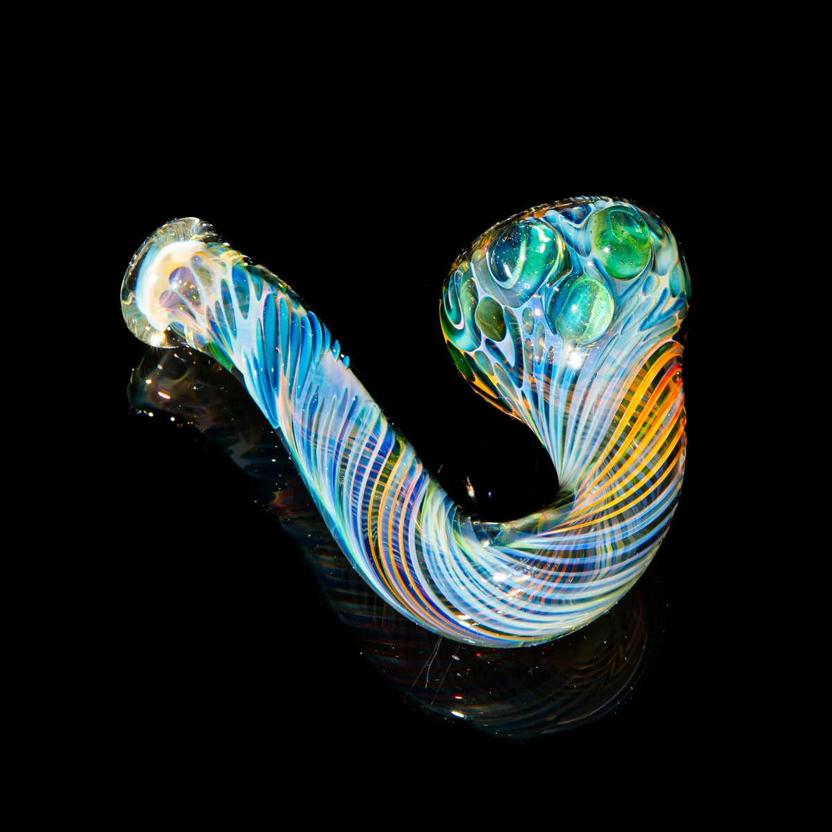 Colorful fumed glass Sherlock pipe with dotted accents on a black background