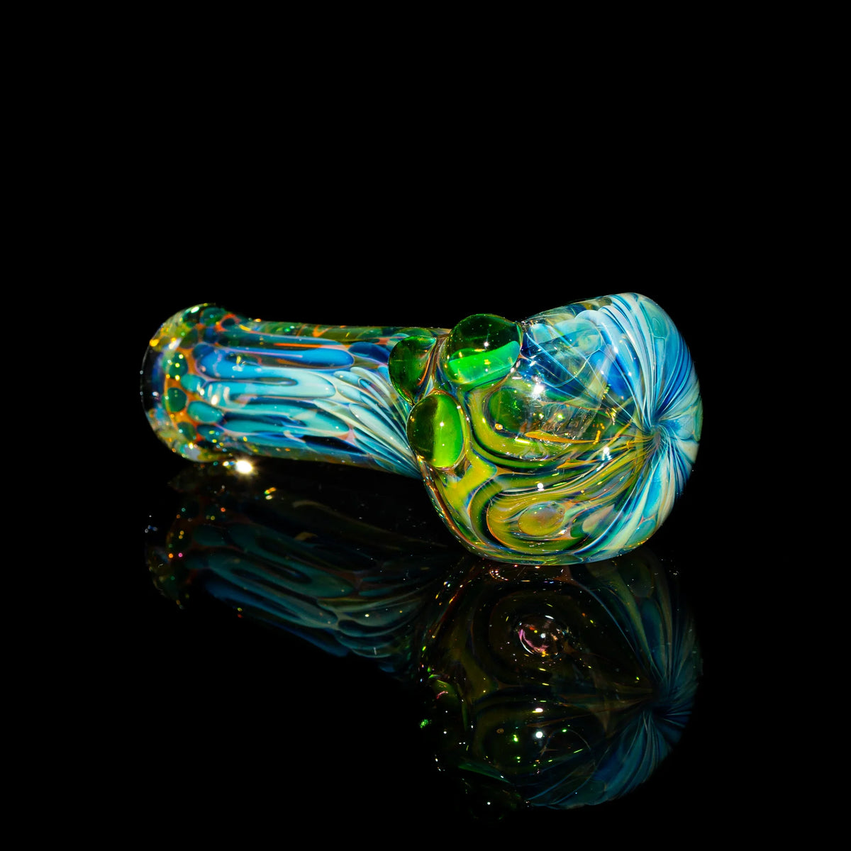 Colorful green dotted hand blown glass mini spoon pipe with fumed swirl design