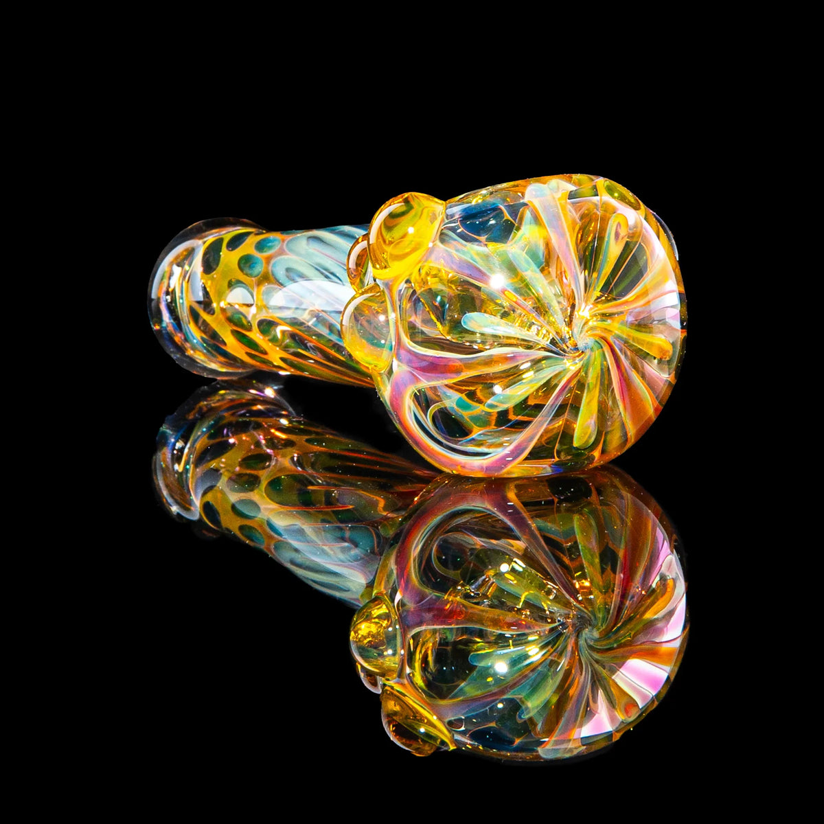 Hand-blown glass Yellow Dotted Fumed Four Hole Spoon by Sarah Marblesbee