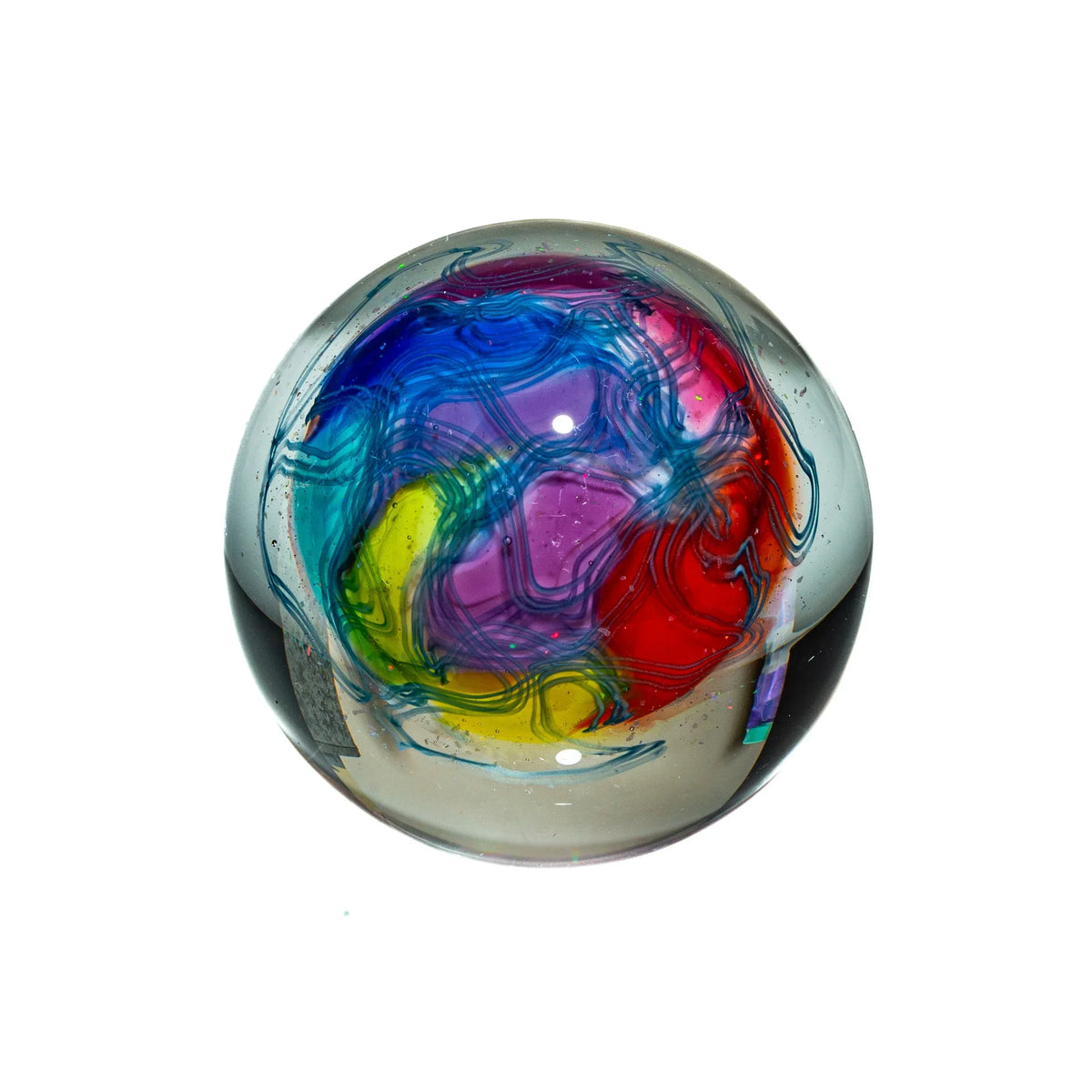 Handcrafted glass marble with rainbow opal swirl design on white background