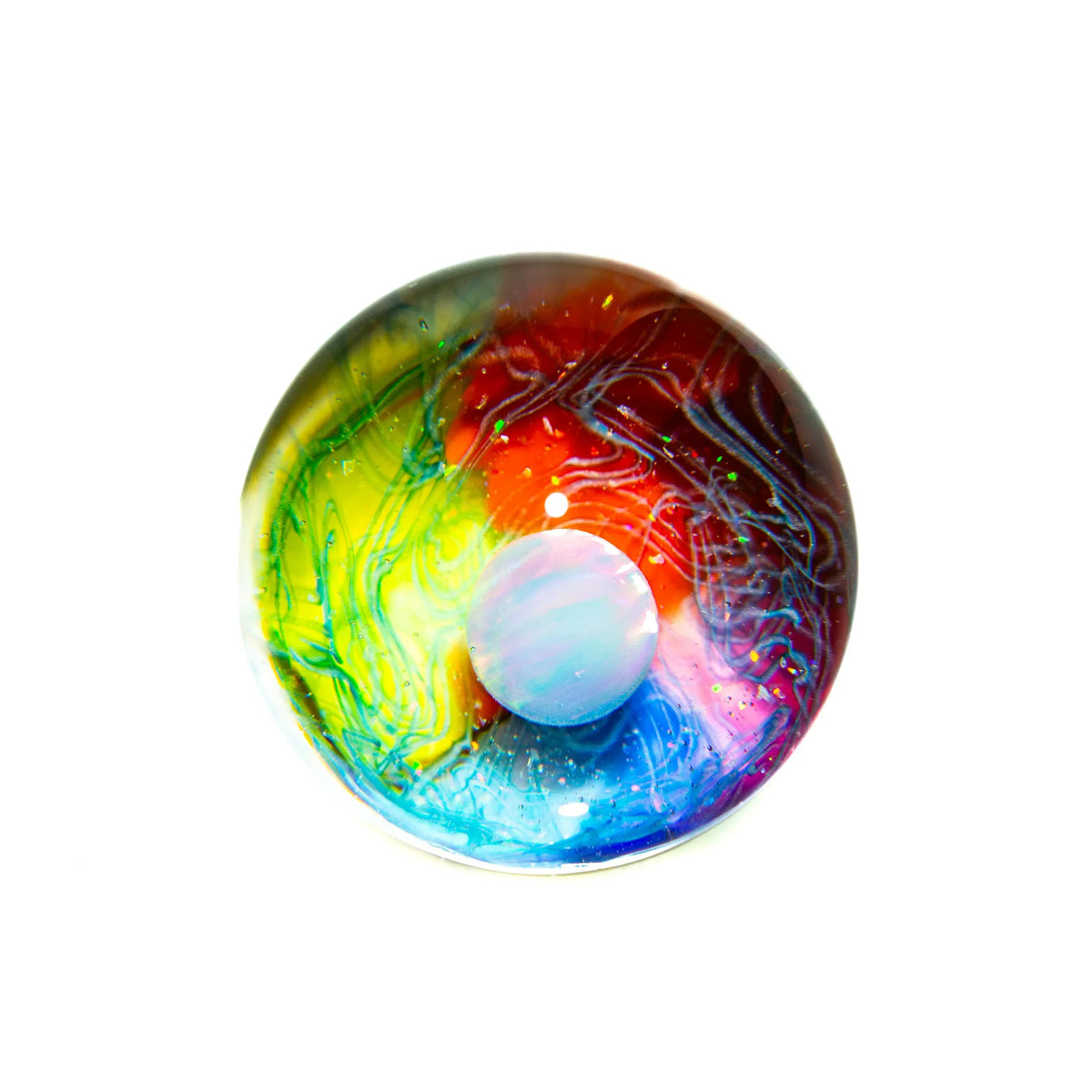 Handcrafted glass marble with rainbow opal and colorful swirling patterns on white background