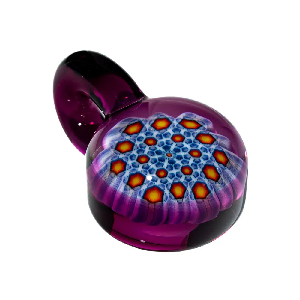 Purple glass pendant with intricate blue and orange geometric millie design