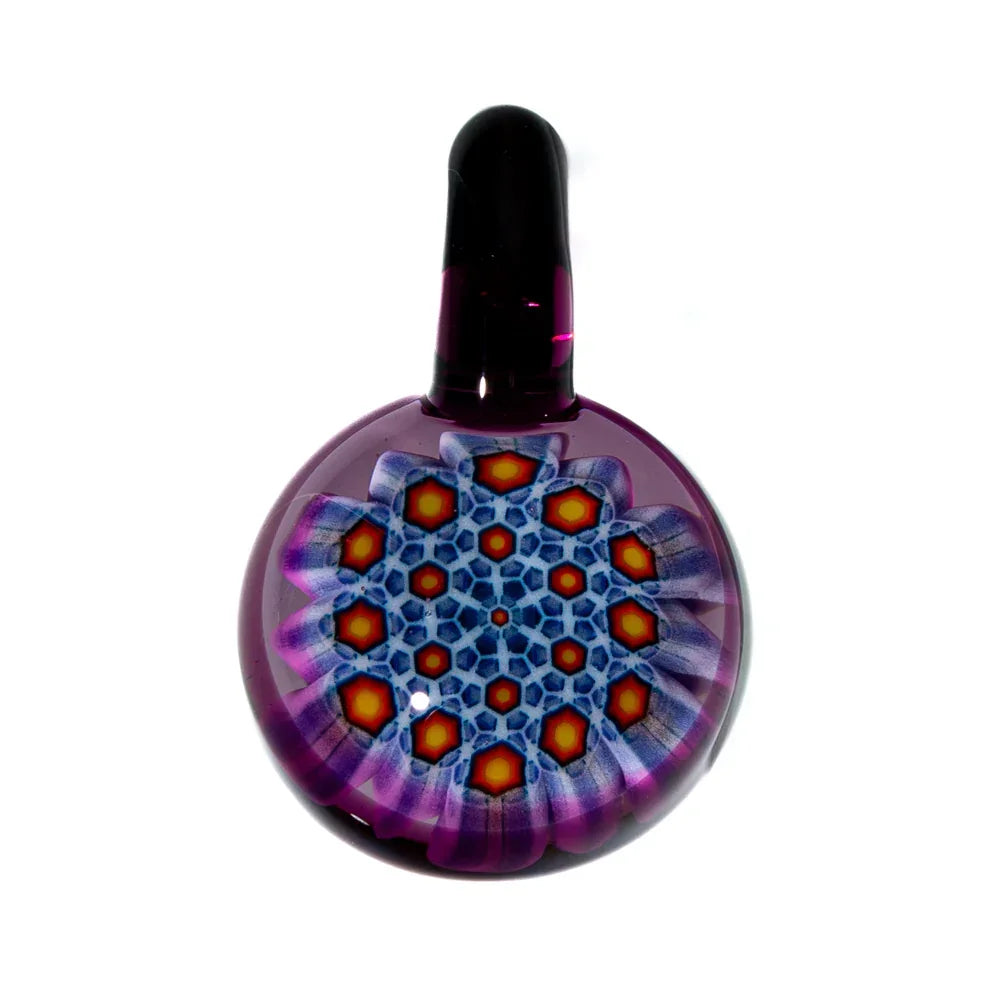 Purple glass pendant featuring a colorful geometric hexagonal pattern in the center.