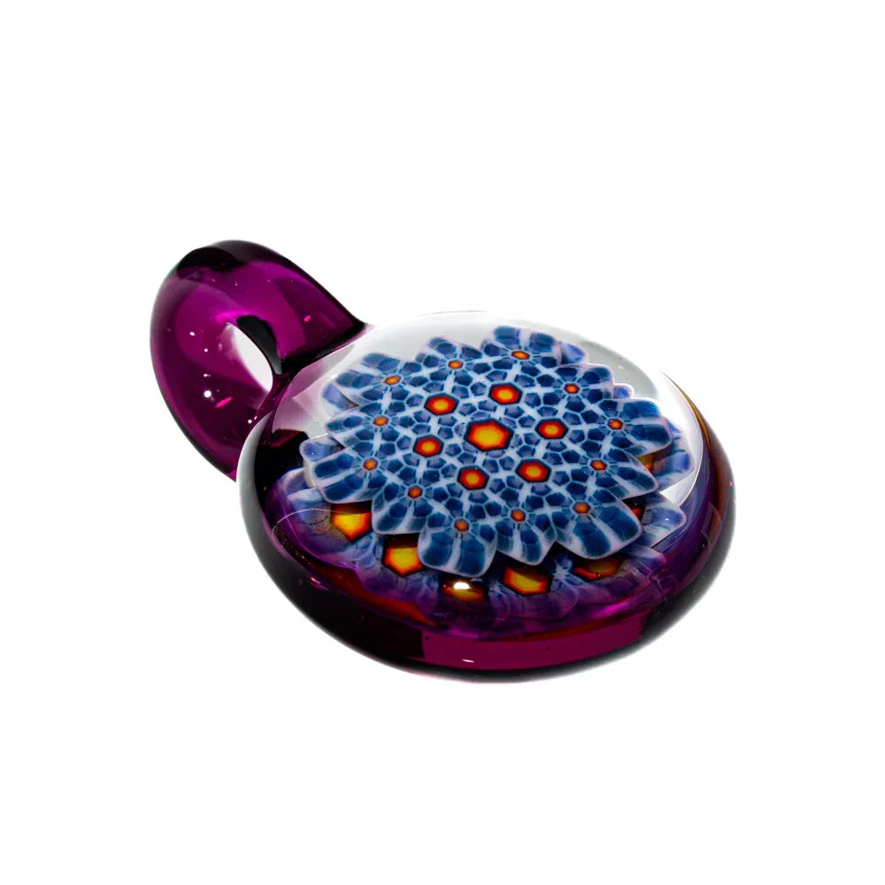 Purple glass pendant with detailed blue hexagonal pattern and red-yellow accents