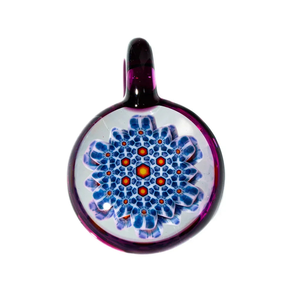 Colorful glass pendant with blue geometric millefiori pattern and purple border