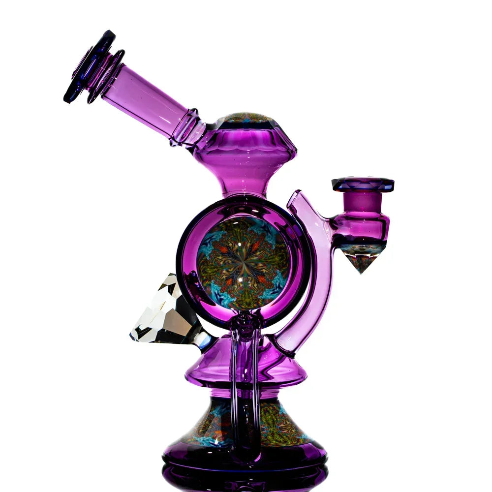 Purple heady glass water pipe with intricate kaleidoscope design and crystal accents