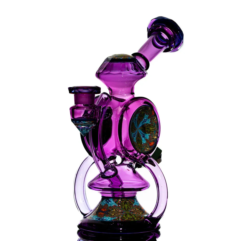 Purple glass water pipe with colorful decorative accents and artistic patterns
