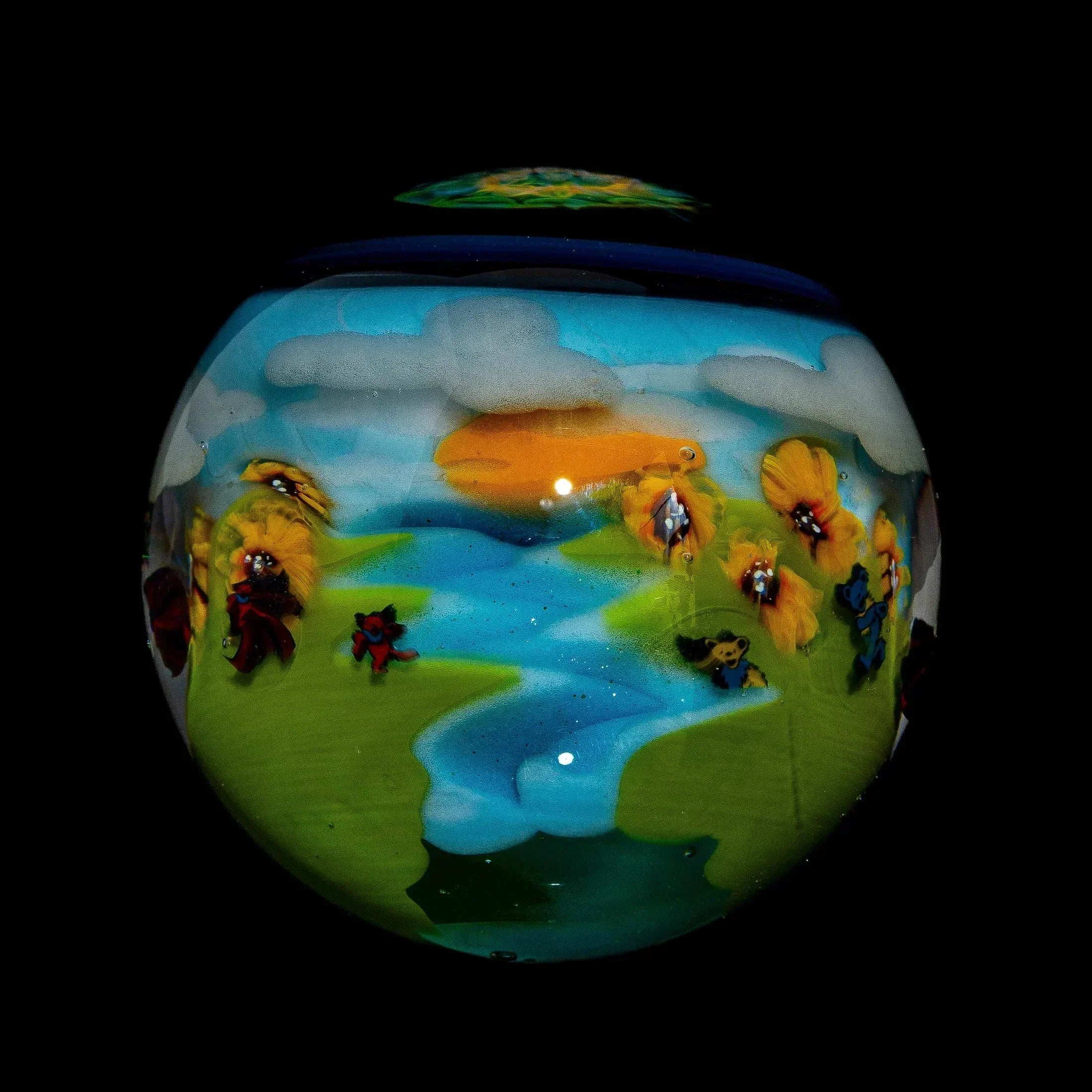 Handblown glass jar with painted dancing bears, river, sunflowers, and sunset landscape
